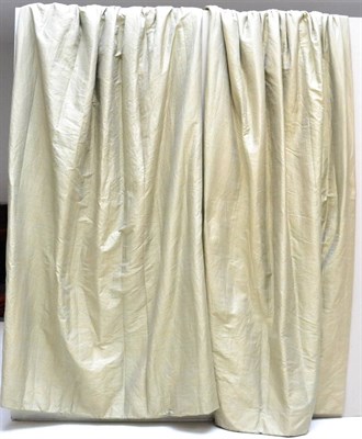 Lot 1393 - Quantity of olive green fully lined silk curtains (6)  Approx. measurements (drop by hem): 266cm by