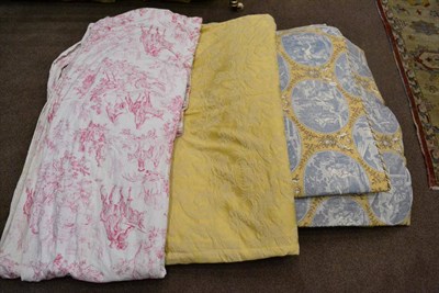 Lot 1394 - A pair of fully lined cream and pink curtains printed with scenes of hunters, riders and...