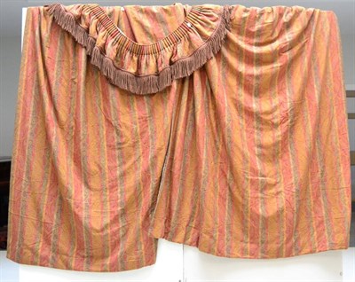 Lot 1395 - Quantity of fully lined striped curtains woven with paisley botah, in greens, yellows, reds and...