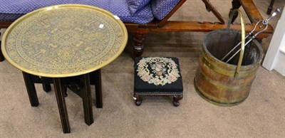 Lot 1406 - ^ A brass bound coal bucket of staved construction, 35cm diameter; a late 19th century ebonised...