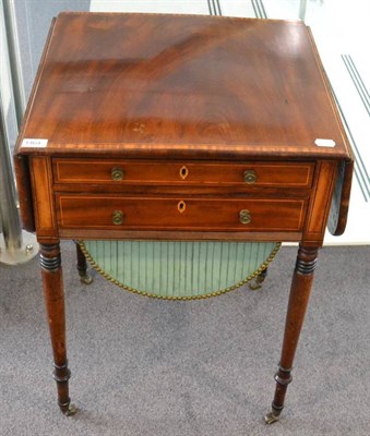 Lot 1464 - A Regency mahogany satinwood banded and ebony strung work table, early 19th century, with two...