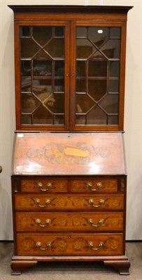 Lot 1485 - A Victorian satinwood and marquetry inlaid bureau bookcase, the upper section with astragal...