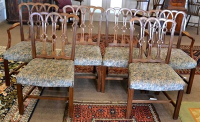 Lot 1510 - A set of six 19th century Gothic style chairs mahogany dining chairs, with later floral velvet...