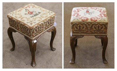 Lot 1528 - A pair of Queen Anne style walnut dressing stools, upholstered in gros needlepoint fabric depicting