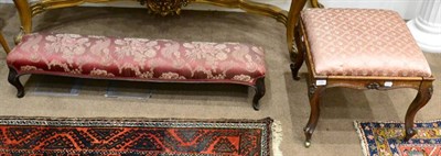 Lot 1538 - ^ A Victorian mahogany double foot stool, upholstered in floral pink fabric, raised on stout...