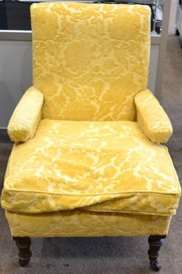 Lot 1546 - A Victorian walnut framed armchair, circa 1870, recovered with yellow floral cut velvet, with...