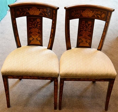 Lot 1553 - A pair of 19th century Dutch and marquetry inlaid dining chairs, with later recovered...