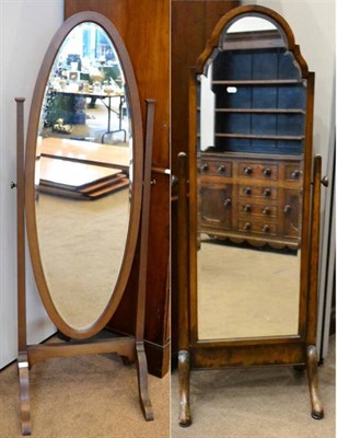 Lot 1559 - ^ A 1920's walnut framed bevel glass cheval mirror, 168cm high; together with an Edwardian mahogany