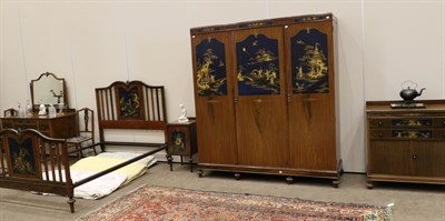 Lot 1616 - An early 20th century mahogany seven piece chinoiserie decorated bedroom suite, decorated with gilt