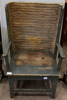 Lot 1687 - Childs green painted pine Orkney chair with carved back support and boarded seat, raised on...