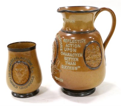 Lot 7 - A Doulton Lambeth Salt-Glazed Leeds Election Jug, 1880, decorated with a bust portrait of...