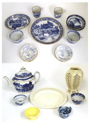 Lot 13 - A New Hall Porcelain Teapot, Cover and Matched Stand, circa 1790, printed in underglaze blue with a