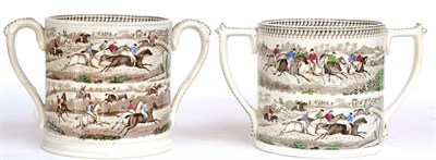 Lot 27 - ~ A Matched Pair of John & Robert Godwin Pottery Loving Cups, mid 19th century, printed and...