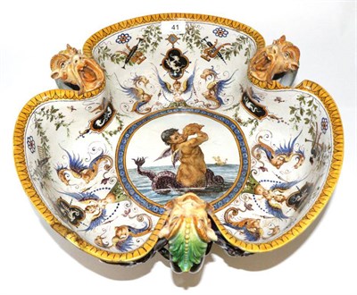 Lot 41 - A Ginori Maiolica Basin, in 16th century style, of trefoil form painted with Grotesquerie about...