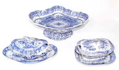 Lot 65 - A Spode Pearlware Sauce Tureen, Cover and Stand, circa 1820, printed in underglaze blue with...