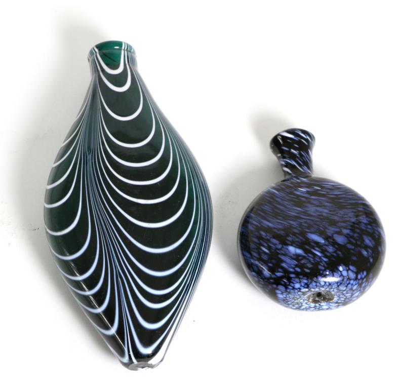 Lot 77 - A Nailsea Type Green and White Striated Glass Flask, 19th century, of navette form, 19.5cm...