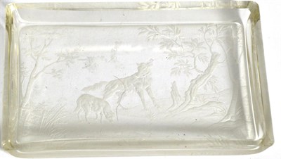 Lot 79 - A Baccarat Etched Glass Dish, late 19th century, wolf and sheep in a rural landscape, signed,...