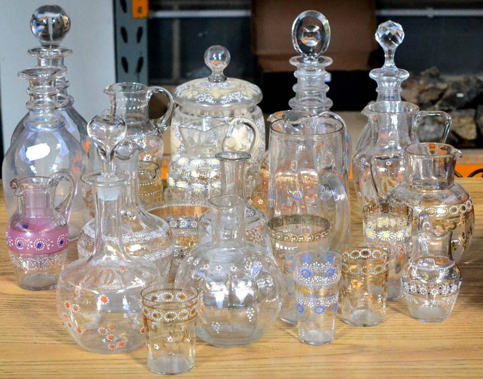 Lot 80 - ~ Four Various 19th Century Decanters and Three Matched Stoppers; A Set of Three Glass Surtout...