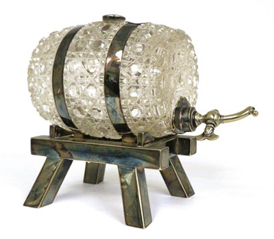 Lot 83 - A Silver Plate Mounted Cut Glass Spirit Barrel, late 19th century, with hobnail cut decoration on a
