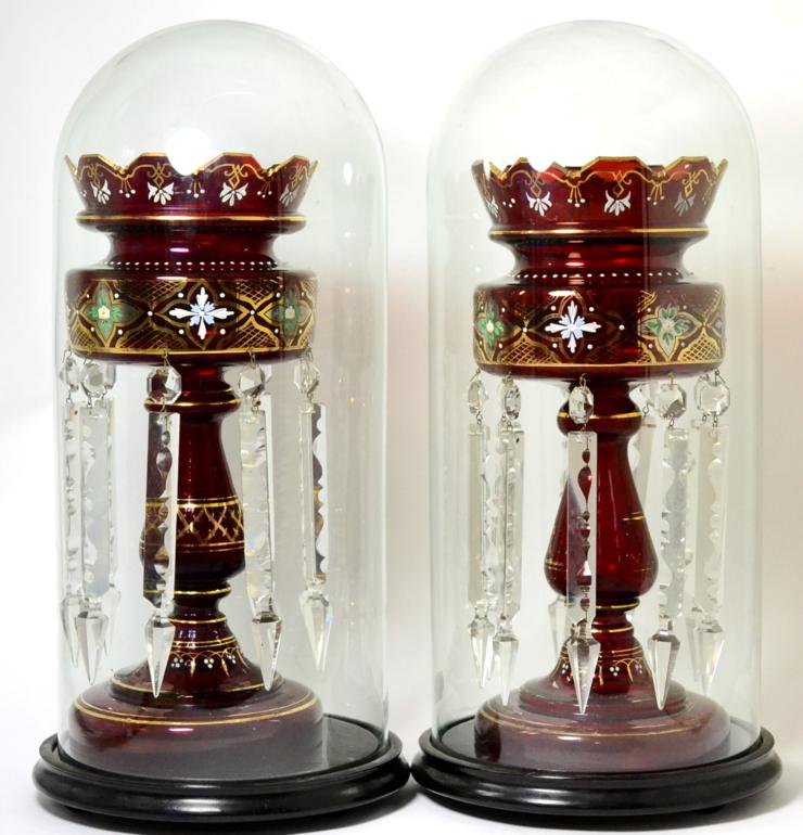 Lot 84 - A Pair of Ruby Glass Lustres, circa 1900, painted and gilt with foliage and strap work and hung...
