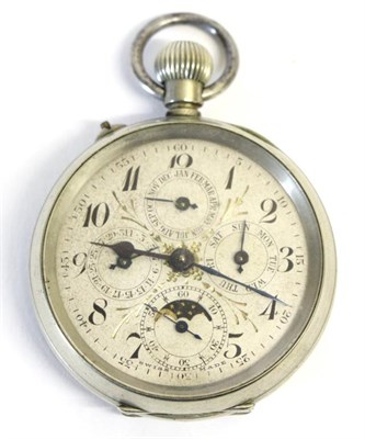 Lot 95 - A Nickel Plated Triple Calendar Pocket Watch with Moonphase, circa 1910, movement with pin...