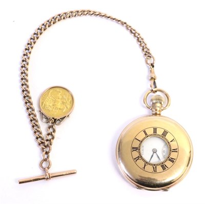 Lot 105 - A 9ct Gold Half Hunter Pocket Watch, Watch Chain and A Full Sovereign, pocket watch signed...