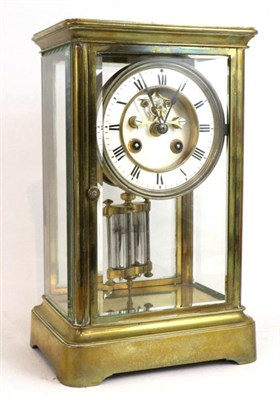 Lot 126 - A Brass Four Glass Striking Mantel Clock, circa 1890, enamel Roman numeral dial with a recessed...