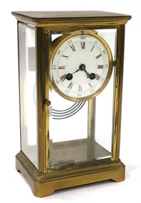 Lot 135 - A Brass Four Glass Striking Mantel Clock, circa 1890, enamel dial with Roman and Arabic...