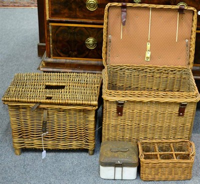 Lot 185 - A Vintage Wicker Picnic Set, with hinged lid, the interior with removable basket for glasses...