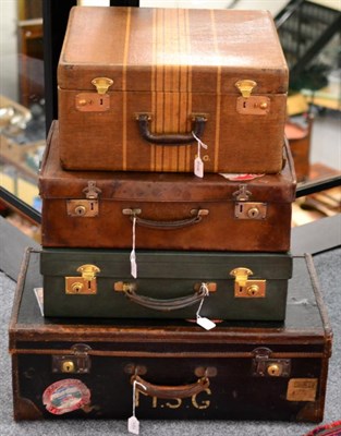 Lot 191 - Four Vintage Suitcases, comprising brown leather luggage case with assorted travel labels, 51cm...