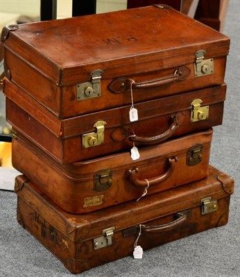 Lot 195 - Three Vintage Brown Leather Suitcases, each 60cm; and A Smaller Example, 54cm wide (4)