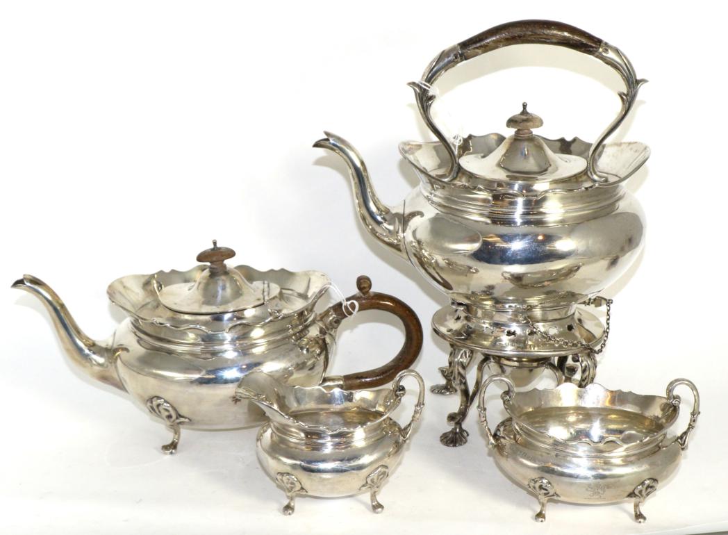Lot 273 - An Irish Silver Four Piece Tea Service, maker's mark C.L, Dublin 1907, comprising: teapot;...