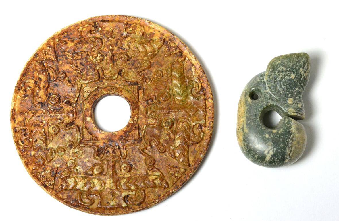 Lot 292 - A Chinese Jade-Type Bi Disk, carved with Taotie and scrollwork, 12cm diameter; and A Similar...