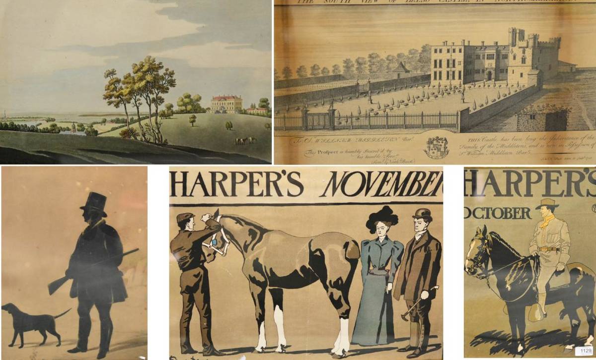 Lot 1129 - ^ A 19th century silhouette painting of a gentleman sportsman and attendant hound, watercolour...