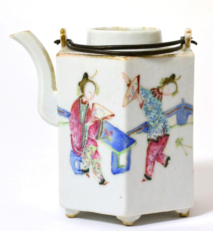 Lot 27 - A Chinese Porcelain Hexagonal Wine Pot, 19th century, painted in famille rose enamels with...