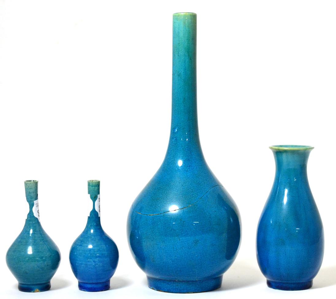 Lot 29 - A Chinese Turquoise Glazed Bottle Vase, Qing Dynasty, with tall slender neck, 24.5cm high; A...
