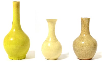 Lot 32 - A Chinese Yellow Ground Bottle Vase, Qing Dynasty, with tall slender neck, 15cm high; A Crackle...