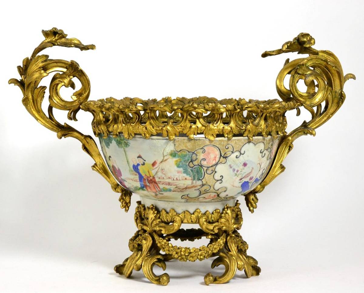 Lot 37 - A Gilt Metal Mounted Chinese Porcelain Punch Bowl, Qianlong, painted in famille rose enamels...