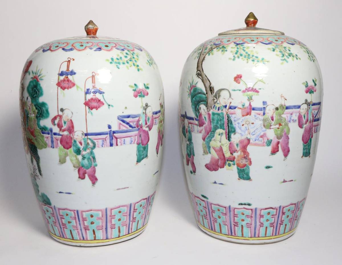 Lot 41 - A Pair of Chinese Porcelain Jars and Covers, late 19th century, of ovoid form, painted in...