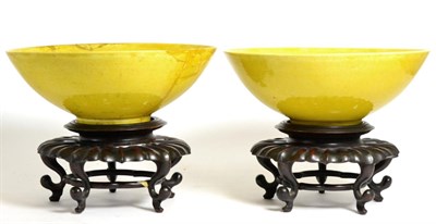 Lot 46 - A Pair of Chinese Yellow Glazed Bowls, in Kangxi style, 23.5cm diameter, on hardwood stands