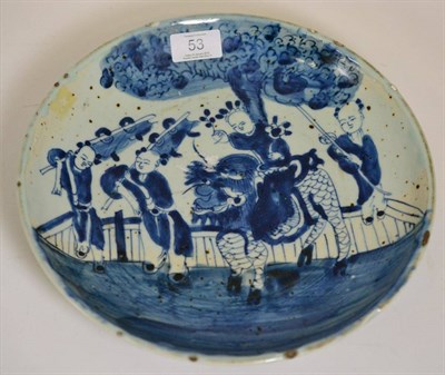 Lot 53 - A Chinese Provincial Porcelain Saucer Dish, probably 17th century, painted in underglaze blue...