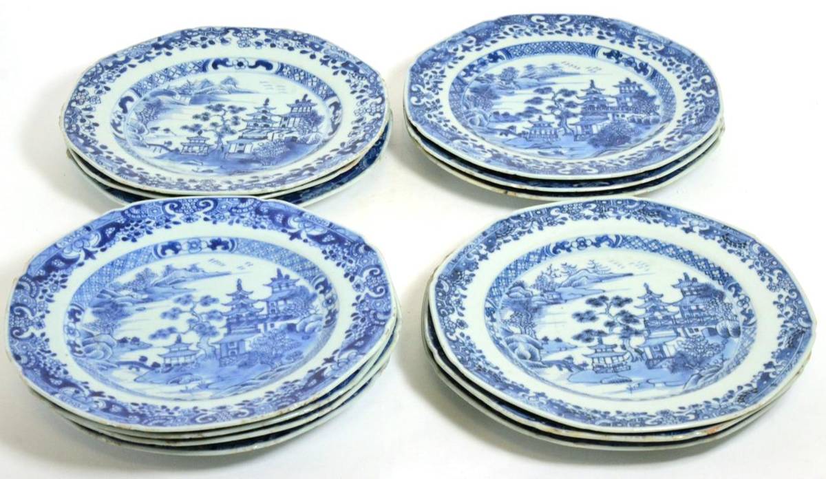 Lot 63 - A Set of Thirteen Chinese Porcelain Octagonal Plates, Qianlong, painted in underglaze blue with...