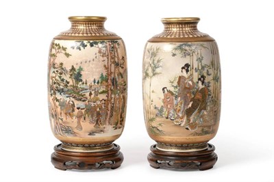 Lot 74 - A Pair of Japanese Satsuma Vases, Meiji period, of baluster form, typically painted with figures in