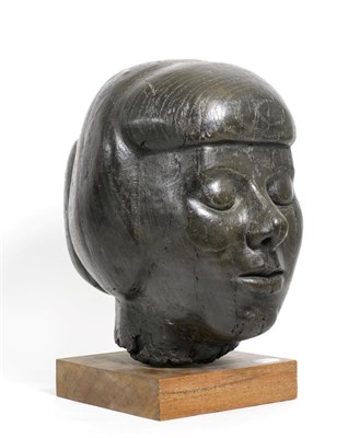 Lot 76 - A Japanese Pottery Lady's Head, with a faux wood finish, 33cm high, on wooden plinth