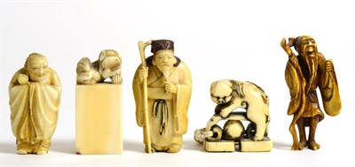 Lot 82 - A Chinese Ivory Seal, late Qing Dynasty, with Dog of Fo finial, 5cm; A Similar Seal, 3.3cm; and...