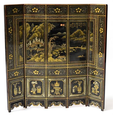 Lot 87 - A Chinese Lacquer Three-Section Table Screen, 19th century, decorated in silver and gilt with...