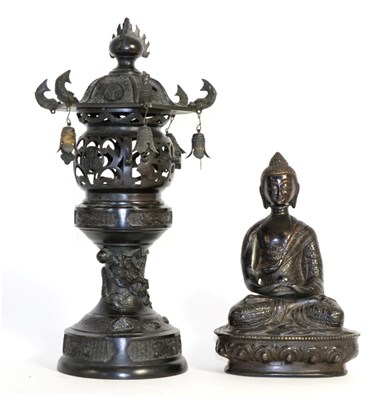 Lot 92 - A Chinese Bronze Figure of Buddha, 20th century, seated cross-legged on a lotus base; and A...