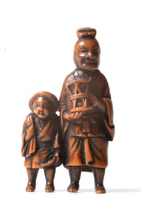Lot 106 - A Japanese Boxwood Netsuke, signed Masakazu, Edo period, as Karako and an entertainer, 3.5cm high