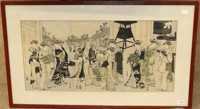 Lot 112 - Attributed to Utagawa Toyokuni ";The Great Gate of Yoshiwara";  Triptych wood block, 37cm by...