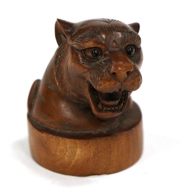 Lot 113 - A Japanese Carved Boxwood Head of a Leopard, Meiji period, with glass eyes, possibly a gaming...